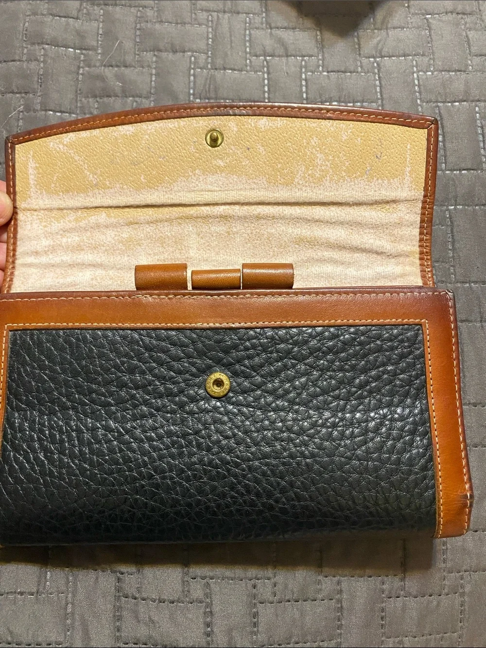 Dooney & Bourke Black/dark Navy Pebbled Leather Wallet with Brown Trim